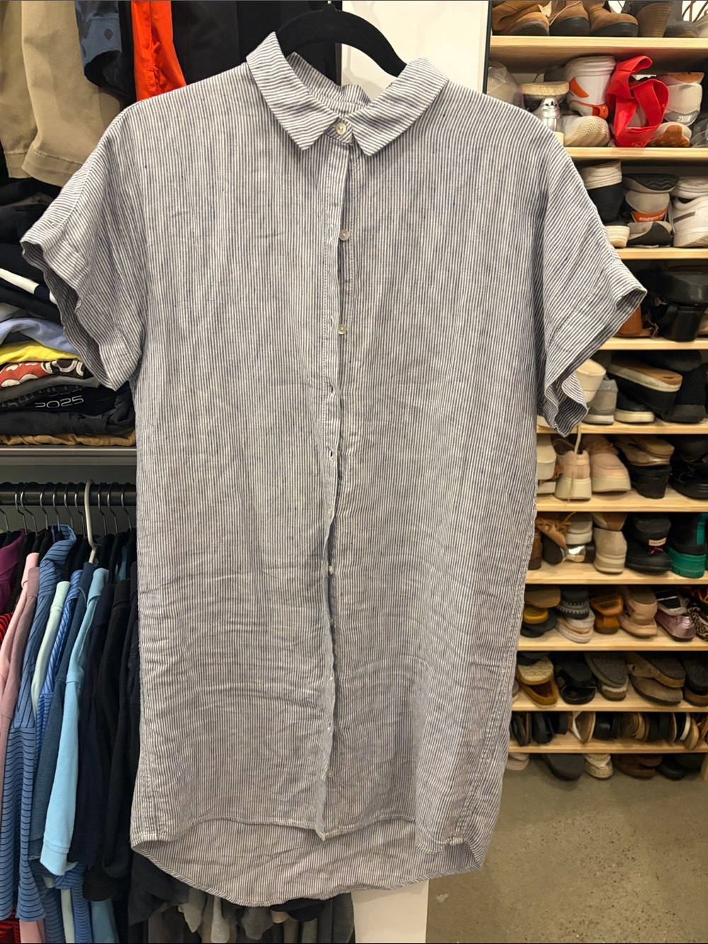 Women’s Short-Sleeve Button-Down Shirt Dress - Light Blue Stripe